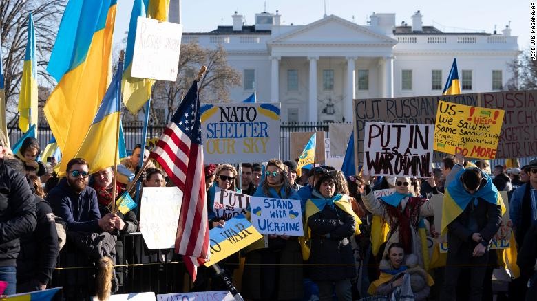 People take part in a protest against the Russian invasion of Ukraine outside the White House in Washington on Sunday, February 27, 2022.